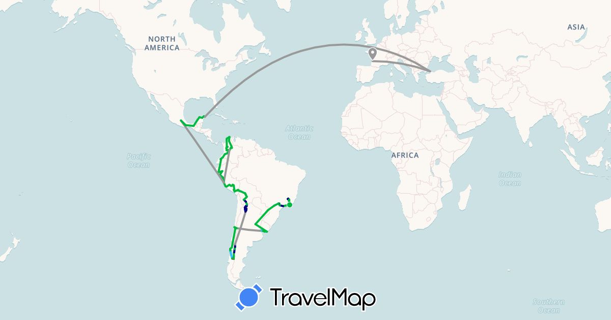 TravelMap itinerary: driving, bus, plane, hiking, boat in Argentina, Bolivia, Brazil, Chile, Colombia, Ecuador, France, Mexico, Peru, Uruguay (Europe, North America, South America)